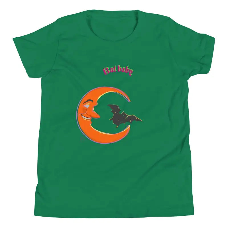 Green Bat Baby T-Shirt showcasing a smiling orange crescent moon for spooky season