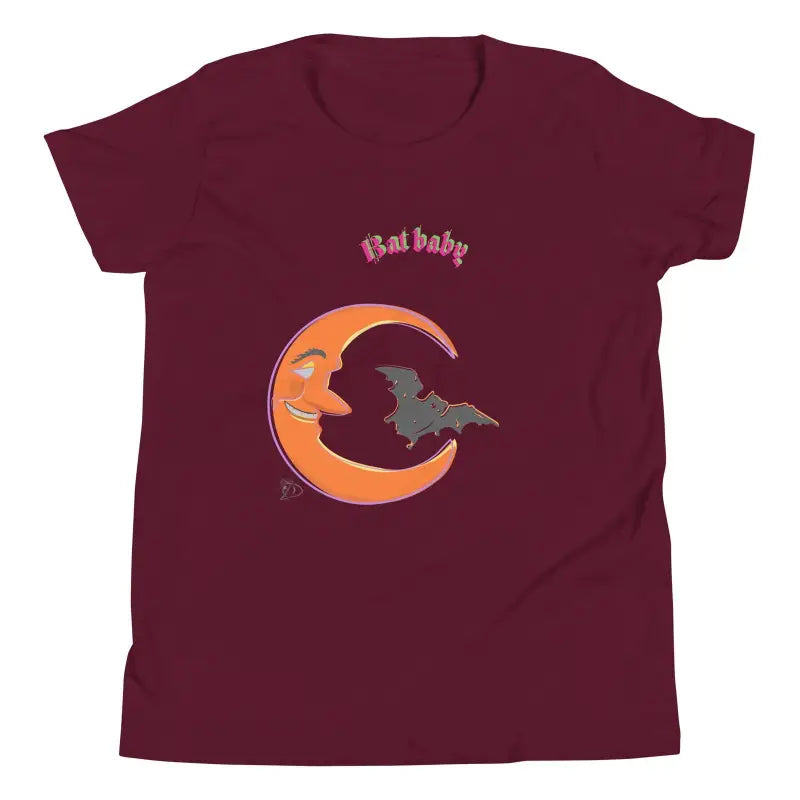 Maroon Bat Baby T-Shirt with bat and crescent moon design for spooky season style