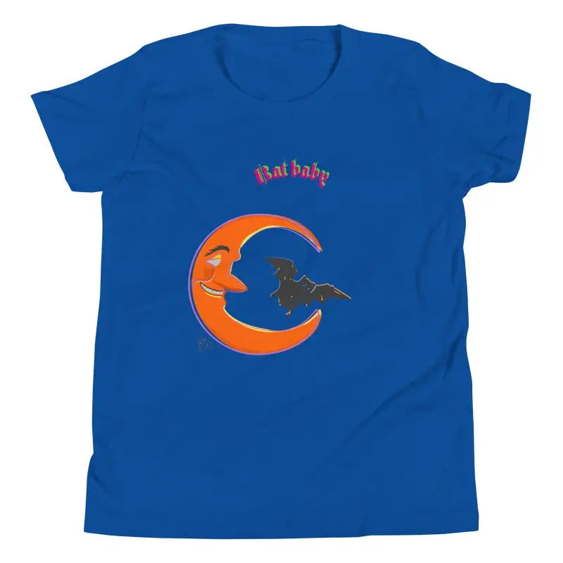 Royal blue Bat Baby T-Shirt featuring a smiling orange moon, black cat, and spooky season theme