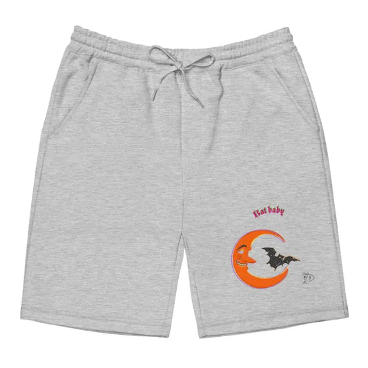 Grey fleece shorts featuring an orange crescent moon and bat design for Halloween charm