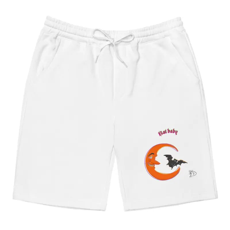 White fleece shorts featuring bat baby design with orange crescent moon for Halloween