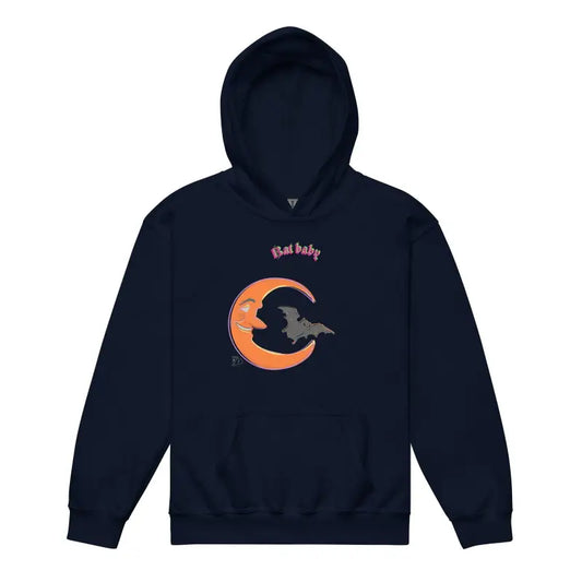 Navy blue spooky Bat Baby hoodie featuring an orange crescent moon and witch design