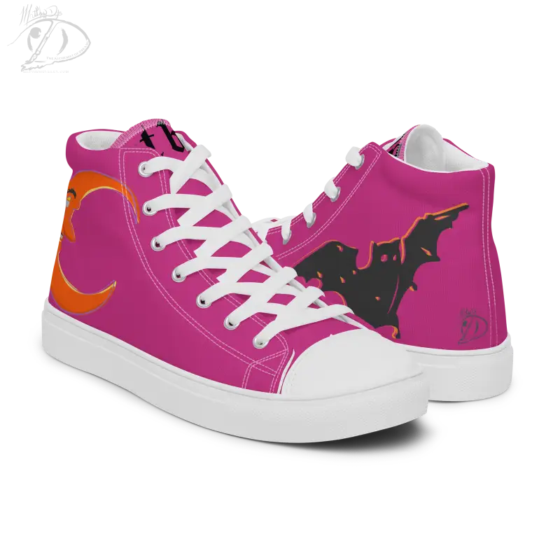 Pink high-top Bat Baby Canvas Shoes with bat and moon designs for Halloween fun