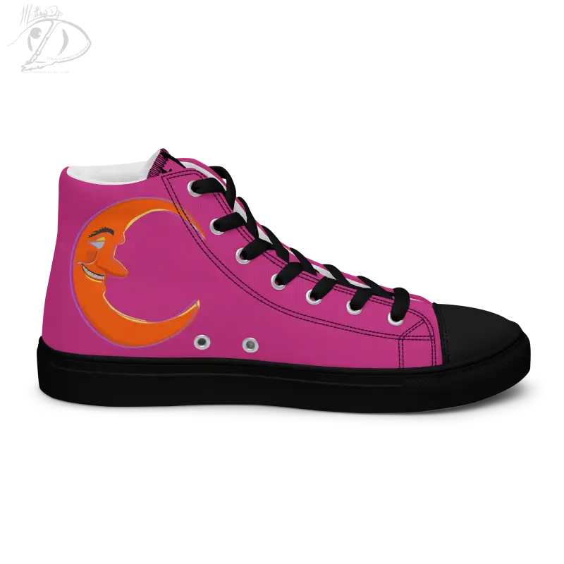 Pink high-top Bat Baby canvas shoes featuring an orange crescent moon for Halloween