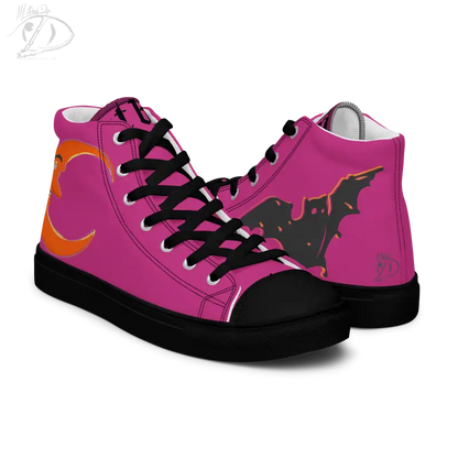 Pink high-top Bat Baby canvas shoes feature black bat designs and orange accents