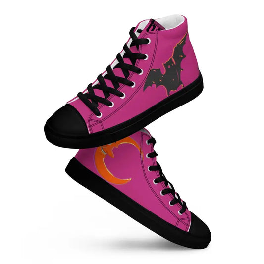 Pink high-top Bat Baby canvas shoes featuring black bats and orange moon designs for Halloween