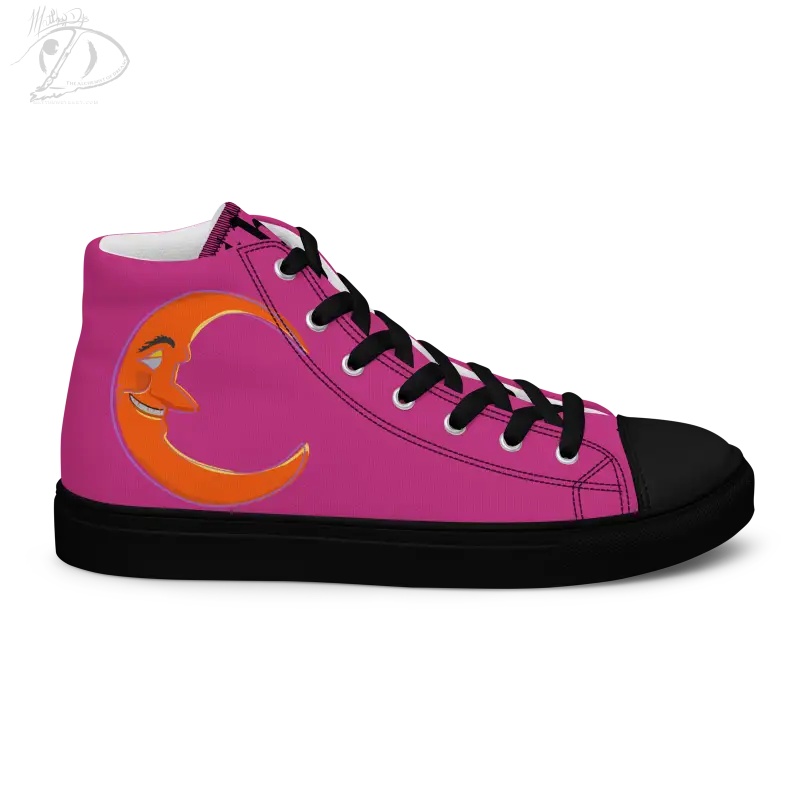 Pink high-top Bat Baby canvas shoes with orange crescent moon design for Halloween