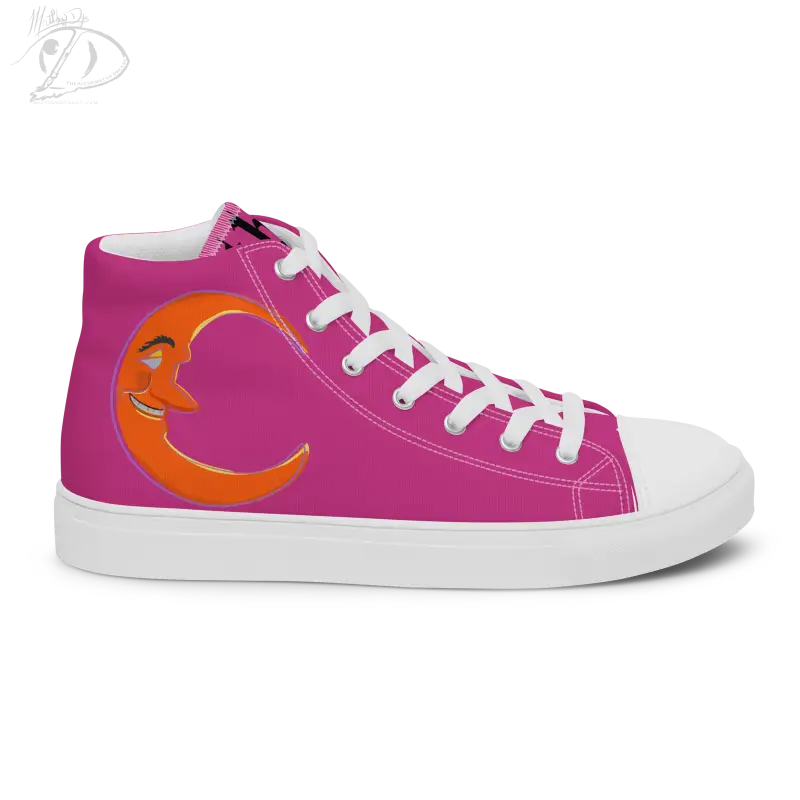 Pink high-top Bat Baby canvas shoes with orange crescent moon design for Halloween