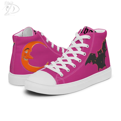 Pink high-top Bat Baby Canvas Shoes featuring orange moon and black bat designs for Halloween