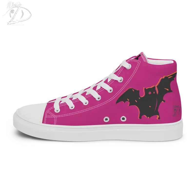 Hot pink high-top Bat Baby canvas shoes featuring black bat designs for Halloween fun