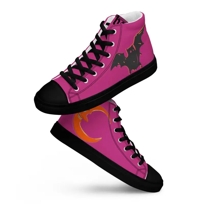 Pink Bat Baby men’s canvas high-top sneakers featuring black bats and orange moon designs