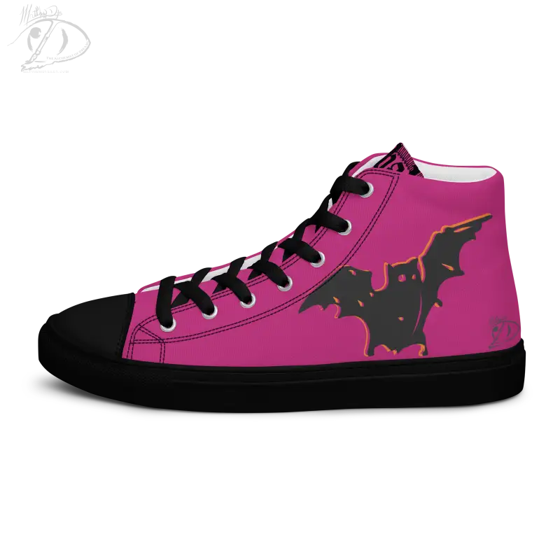 Pink Bat Baby Men’s Canvas High Top Sneakers featuring black bat silhouettes and rubber toe