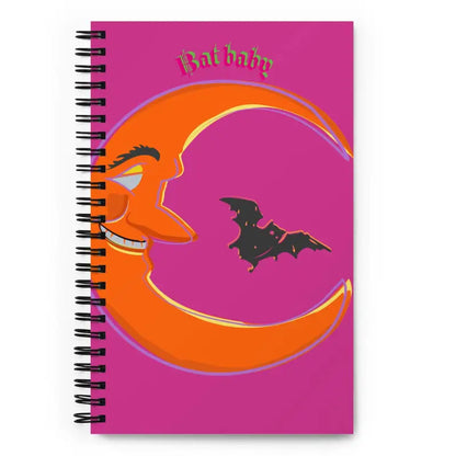 Pink Bat Baby Notebook featuring an orange crescent moon and black bat design for autumn