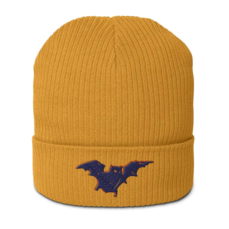 Mustard yellow knit beanie featuring navy blue bat baby organic design for stylish warmth