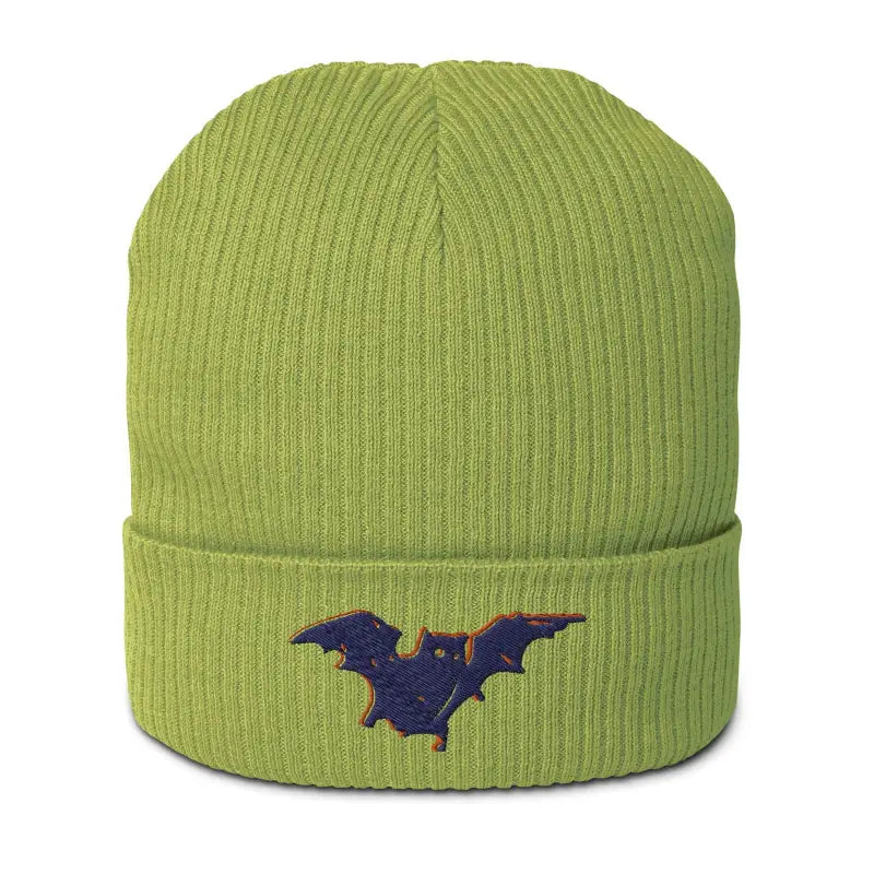 Lime green knit beanie featuring embroidered blue bat design from Bat Baby Organic collection