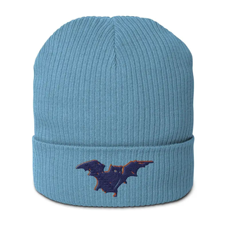 Light blue ribbed beanie featuring embroidered bat design from Bat Baby Organic collection