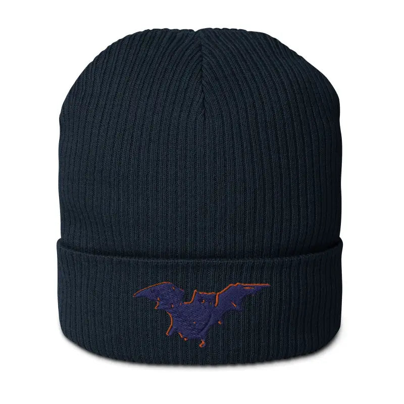 Black ribbed knit beanie featuring embroidered purple dinosaur logo for Bat Baby Organic collection