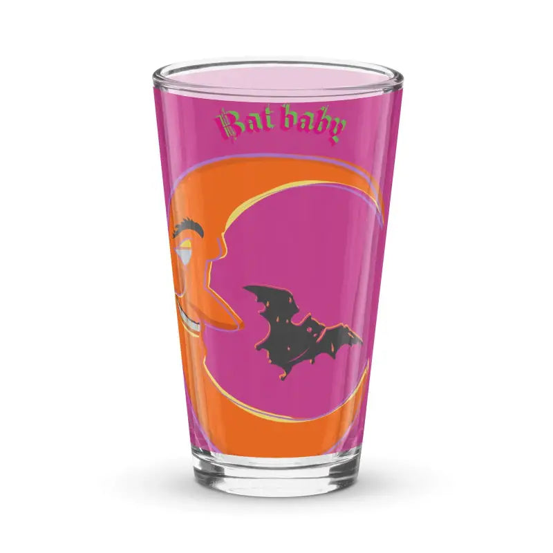 Halloween-themed Bat Baby pint glass in orange and pink with bat design