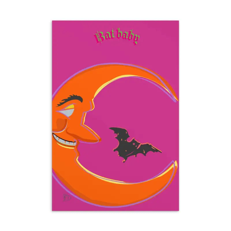 Smiling orange crescent moon with bat silhouette on Enchanting Bat Baby standard postcard