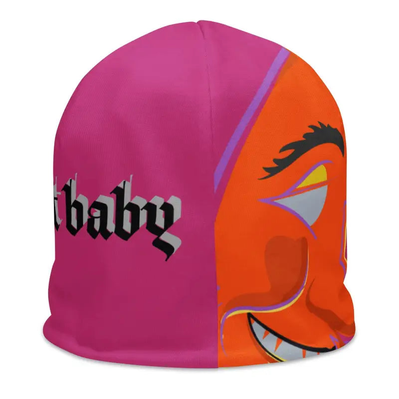 Pink and orange whimsical Bat Baby beanie with cartoon face for enchanting fall days