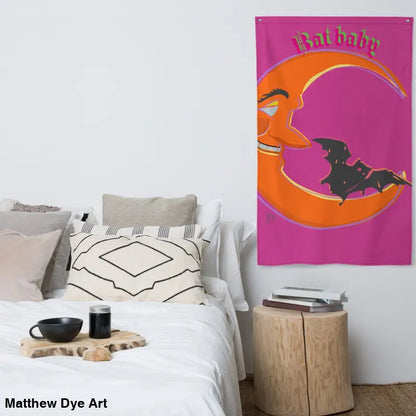 Halloween-themed wall tapestry featuring the Bat Baby flag for a whimsical Halloween haven