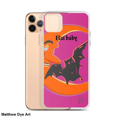 Whimsical Bat Baby iPhone Case with Halloween design featuring bats and vibrant text