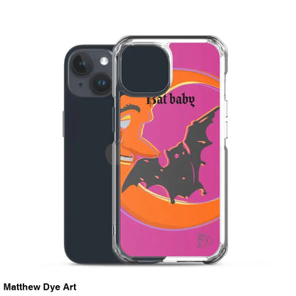 Halloween-themed iPhone case featuring a bat baby and crescent moon in pink and orange