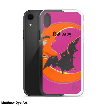 Halloween-themed iPhone case featuring bats and a crescent moon in orange and pink
