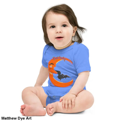 Baby in blue Bat Baby onesie featuring a playful retro design made from soft cotton