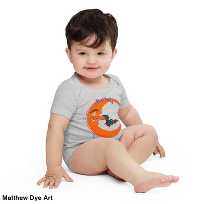 Baby in a Halloween-themed onesie featuring playful retro design for Bat Baby