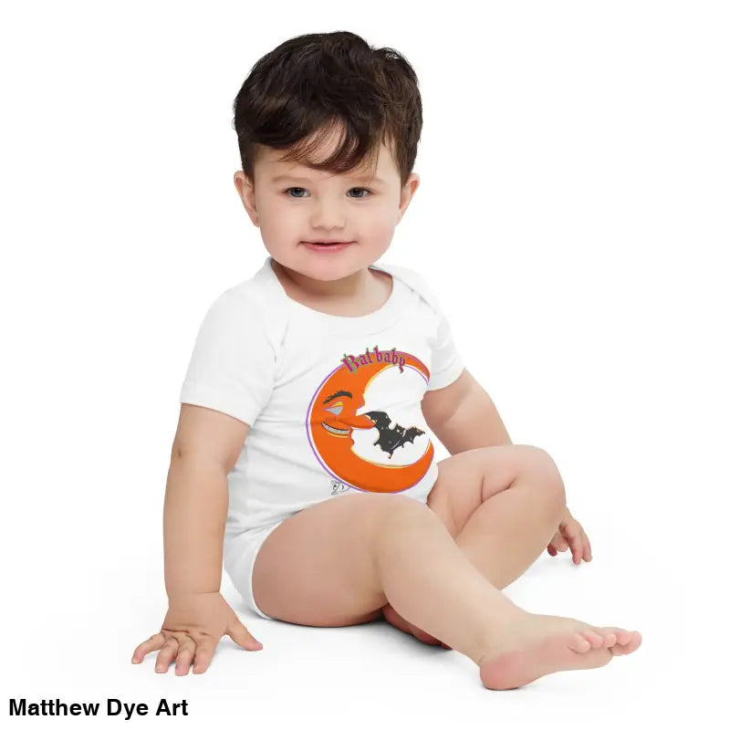 Bat Baby is a cotton onesie featuring a playful retro design for Halloween