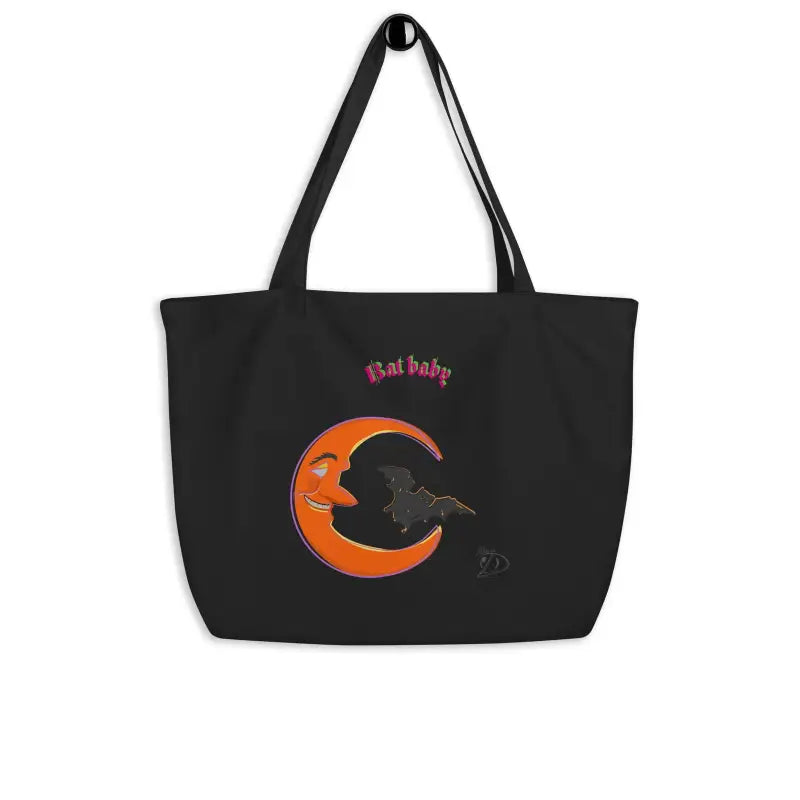 Black Bat Baby Retro Tote Bag with orange crescent moon and cloud design for Halloween