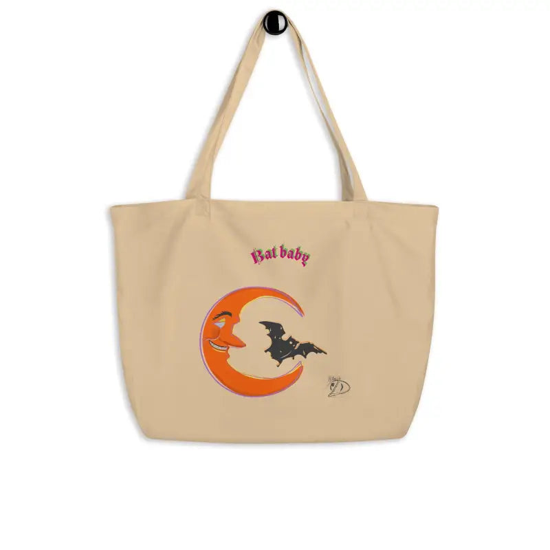 Beige canvas Bat Baby Retro Tote Bag featuring crescent moon and bat design for Halloween