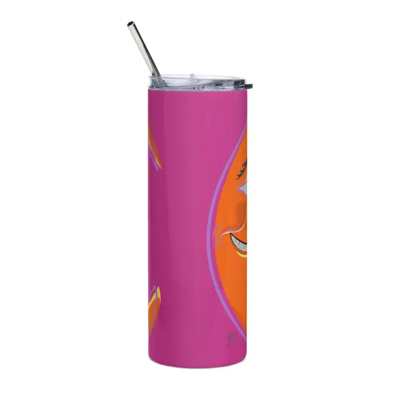 Pink and orange stainless steel tumbler with metal straw for stylish sipping