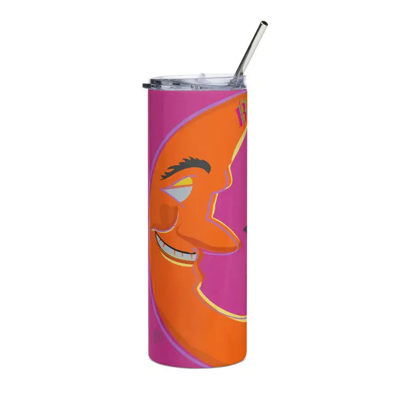 Pink and orange stainless steel tumbler with straw and abstract smiling face design