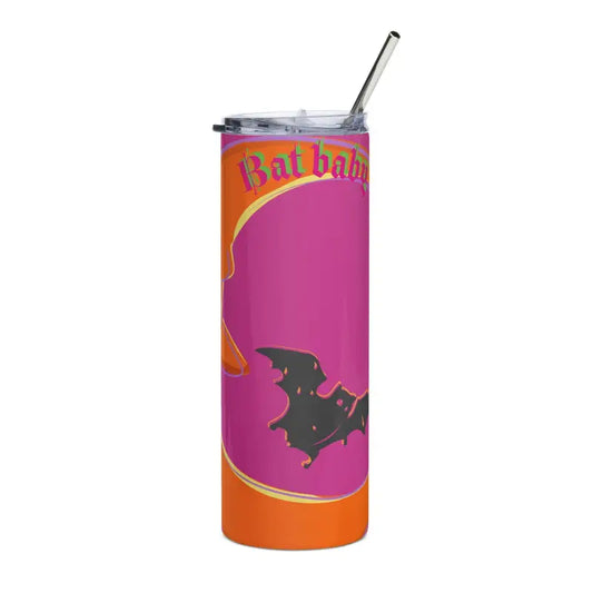 Pink and orange stainless steel tumbler featuring bat silhouette design and straw