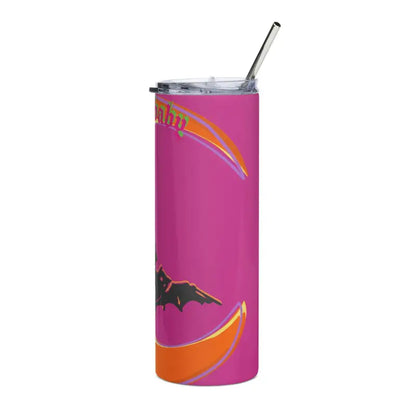 Pink and orange stainless steel tumbler featuring a bat design and metal straw