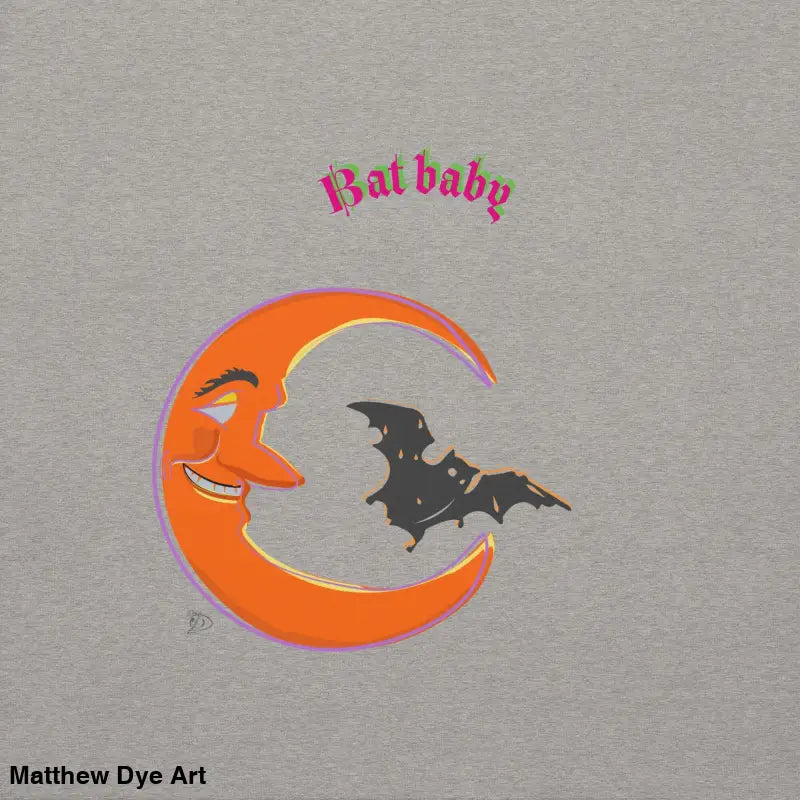 Halloween-themed moon and bat graphic on Bat Baby unisex sweatshirt for cozy, spooky vibes