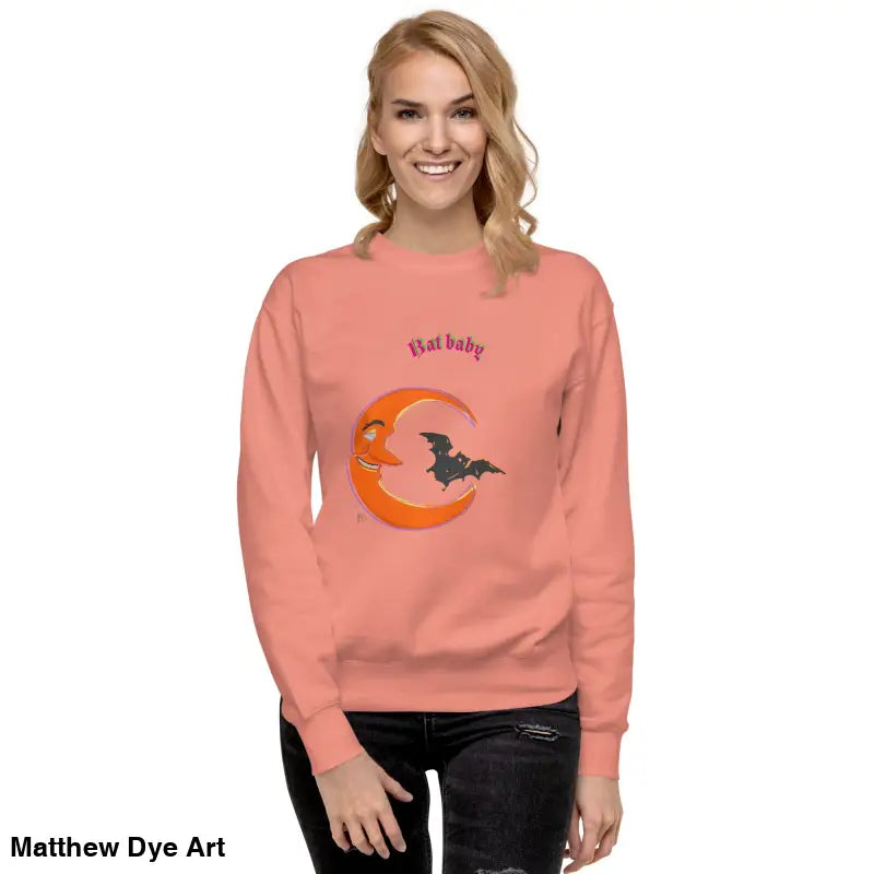 Peach-colored unisex sweatshirt featuring moon and bat design for Halloween, Bat Baby style