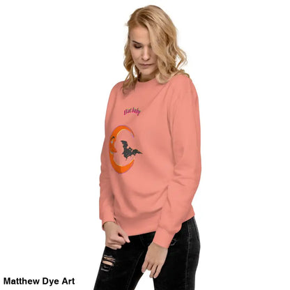Peach unisex sweatshirt featuring bat and moon design for Halloween, Bat Baby style