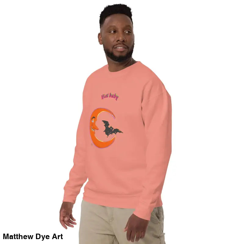 Peach-colored Bat Baby unisex sweatshirt featuring a crescent moon and bat design, perfect for Halloween