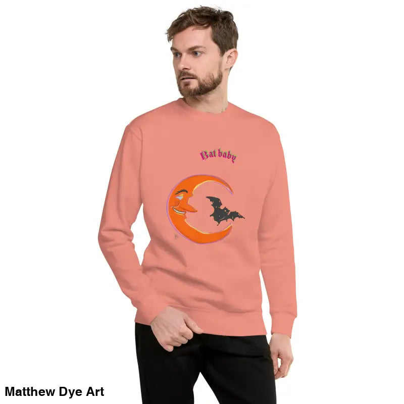 Salmon-colored unisex sweatshirt featuring a moon and bat design for Halloween