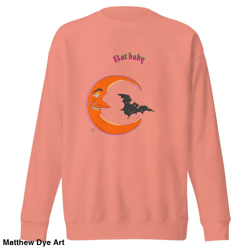 Salmon-colored Bat Baby unisex sweatshirt featuring moon and bat graphic for Halloween