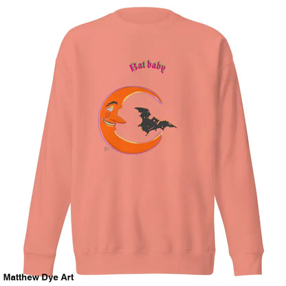Salmon-colored Bat Baby unisex sweatshirt featuring moon and bat graphic for Halloween