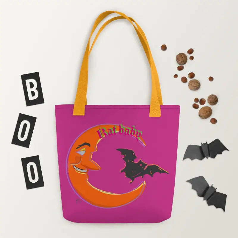 Pink Bat Baby Trick-or-Treat Tote featuring Halloween design with orange moon and black bat