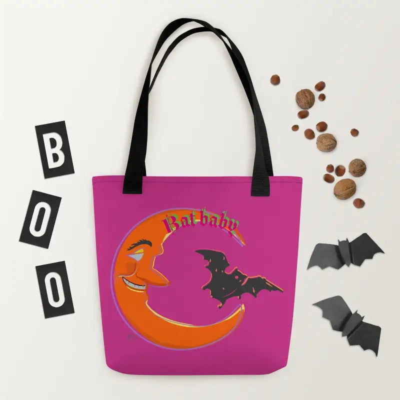 Pink Bat Baby Trick-or-Treat Tote featuring a smiling orange crescent moon and bats design