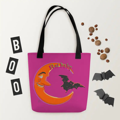 Pink Bat Baby Trick-or-Treat Tote featuring a smiling orange crescent moon and bats design