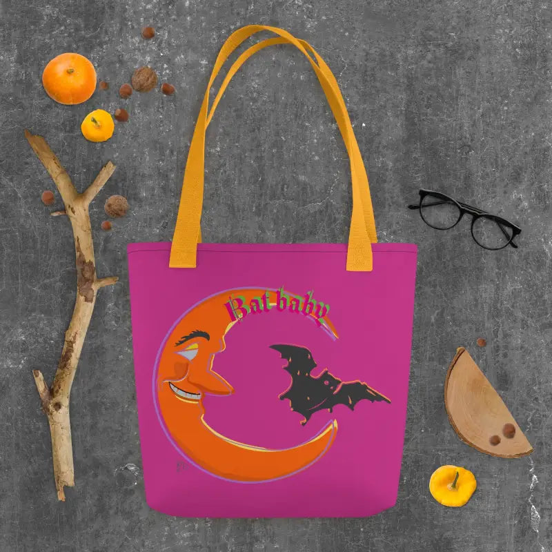 Pink tote bag featuring moon and bats, perfect for Halloween trick or treat adventures