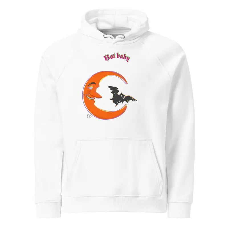 White unisex art hoodie featuring crescent moon, bat design, and playful Bat Baby text