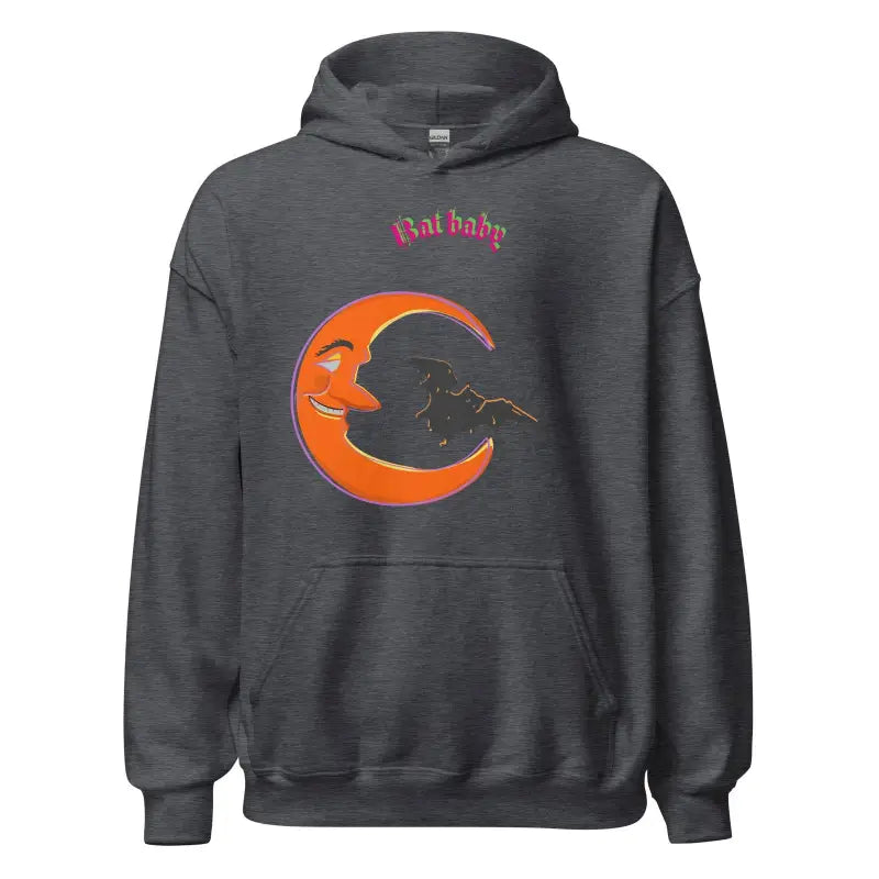 Dark gray Bat Baby unisex hoodie featuring orange crescent moon design and red text